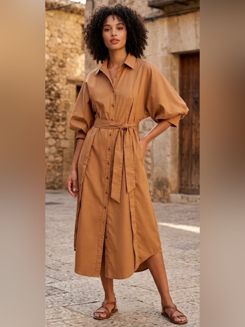 entro Tan Button-Front Midi Dress with Self Tie